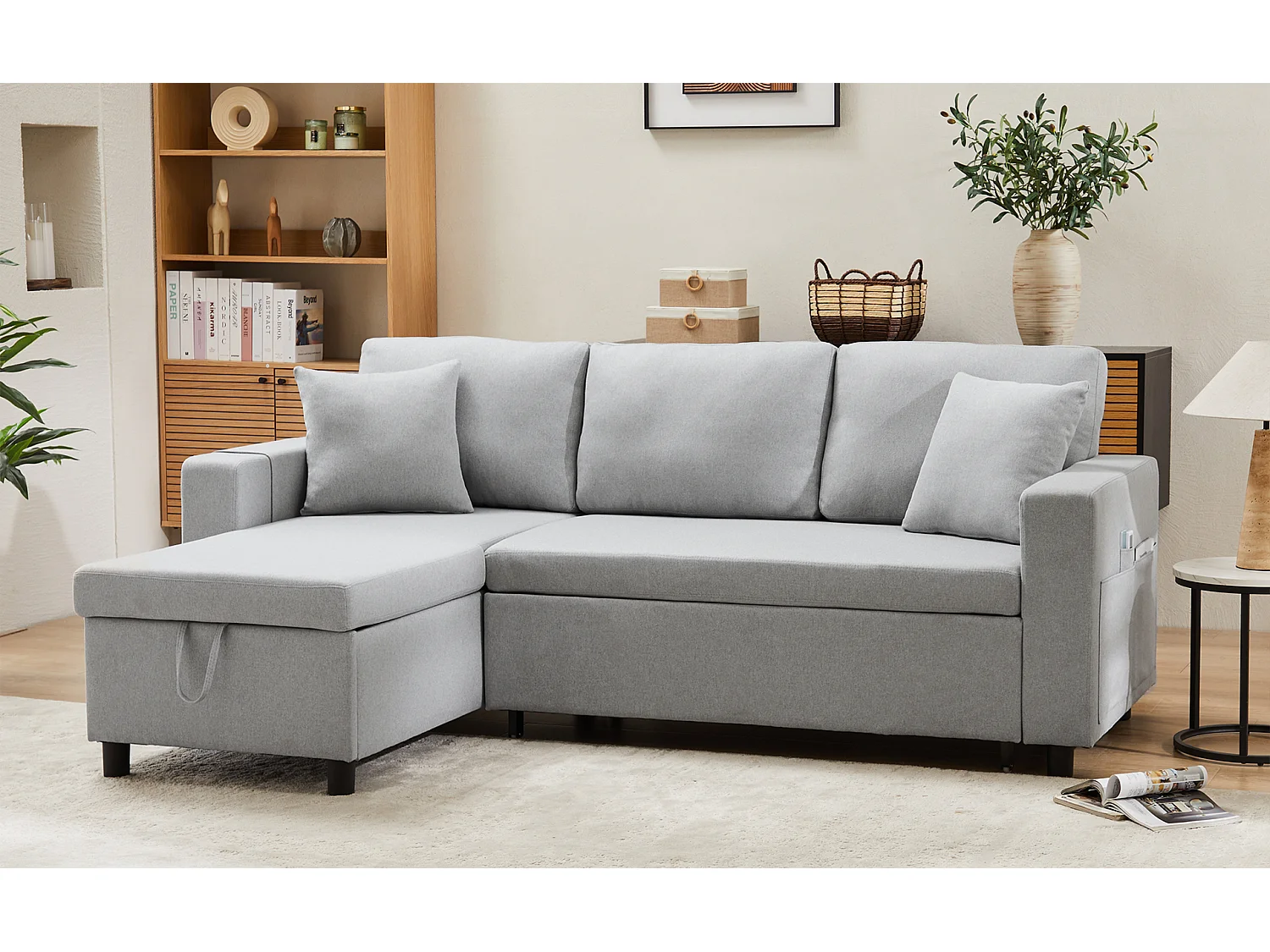 Fusio 1.0 – Sofá Cama Esquinero de 3 Plazas con Almacenaje, Tela de Lino, Ideal para Estudios, Cama Auxiliar Espaciosa