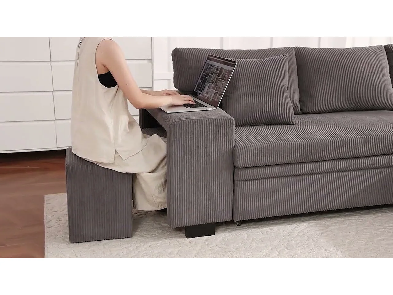 Fusio - Canapé d'Angle Convertible 3 Places en Velours Côtelé - Lit, Grand Rangement & Ports USB/Type-C - Idéal pour Salon Moderne ou Appartement