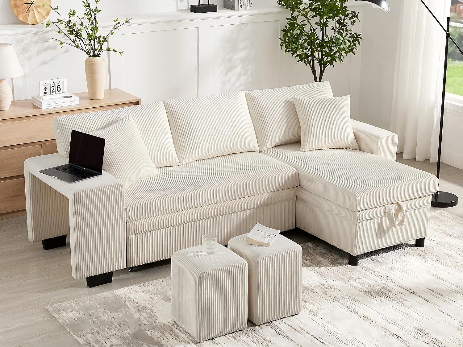 Fusio - Canapé d'Angle Convertible 3 Places en Velours Côtelé - Lit, Grand Rangement & Ports USB/Type-C - Idéal pour Salon Moderne ou Appartement