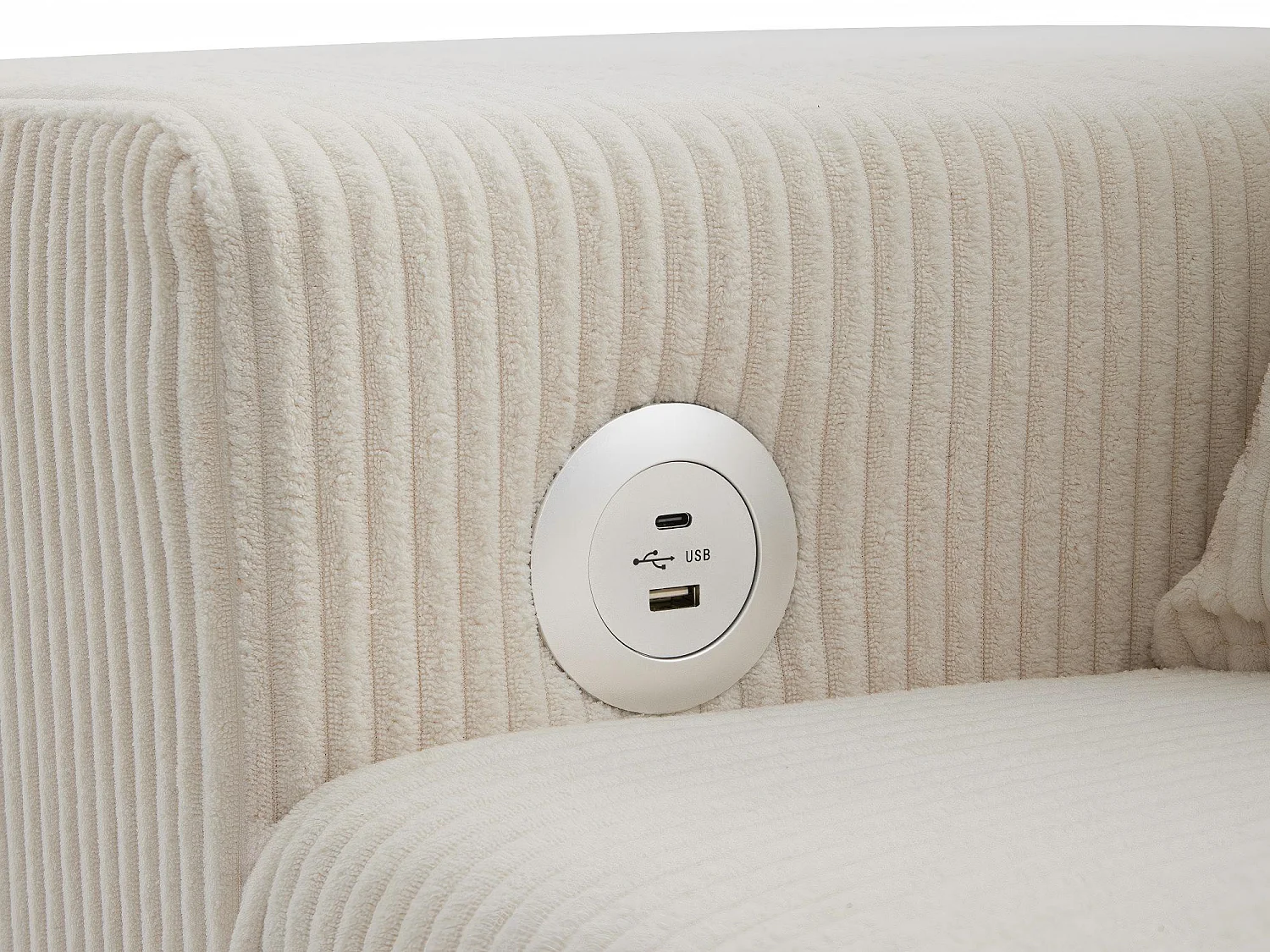 Fusio - Canapé d'Angle Convertible 3 Places en Velours Côtelé - Lit, Grand Rangement & Ports USB/Type-C - Idéal pour Salon Moderne ou Appartement