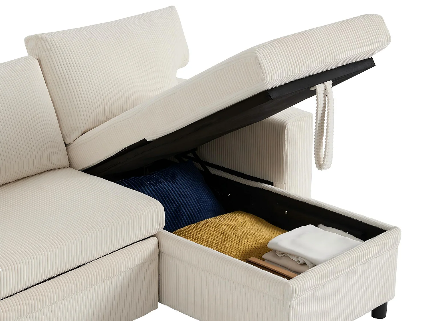 Fusio - Canapé d'Angle Convertible 3 Places en Velours Côtelé - Lit, Grand Rangement & Ports USB/Type-C - Idéal pour Salon Moderne ou Appartement