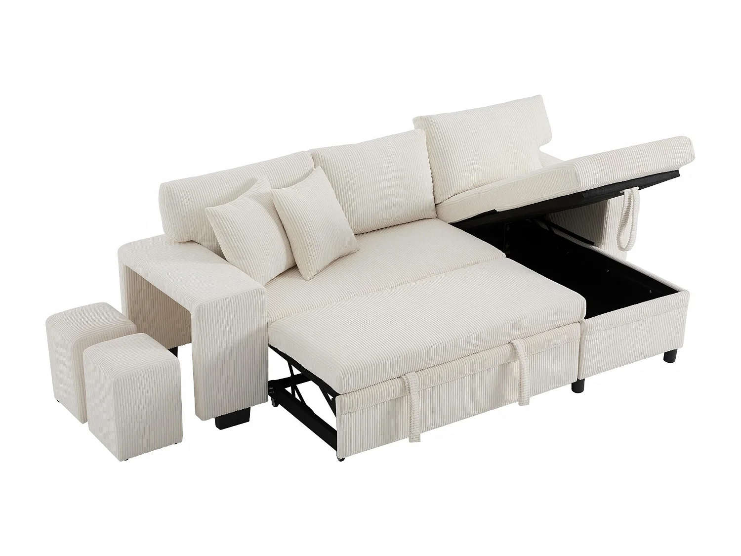 Fusio - Canapé d'Angle Convertible 3 Places en Velours Côtelé - Lit, Grand Rangement & Ports USB/Type-C - Idéal pour Salon Moderne ou Appartement