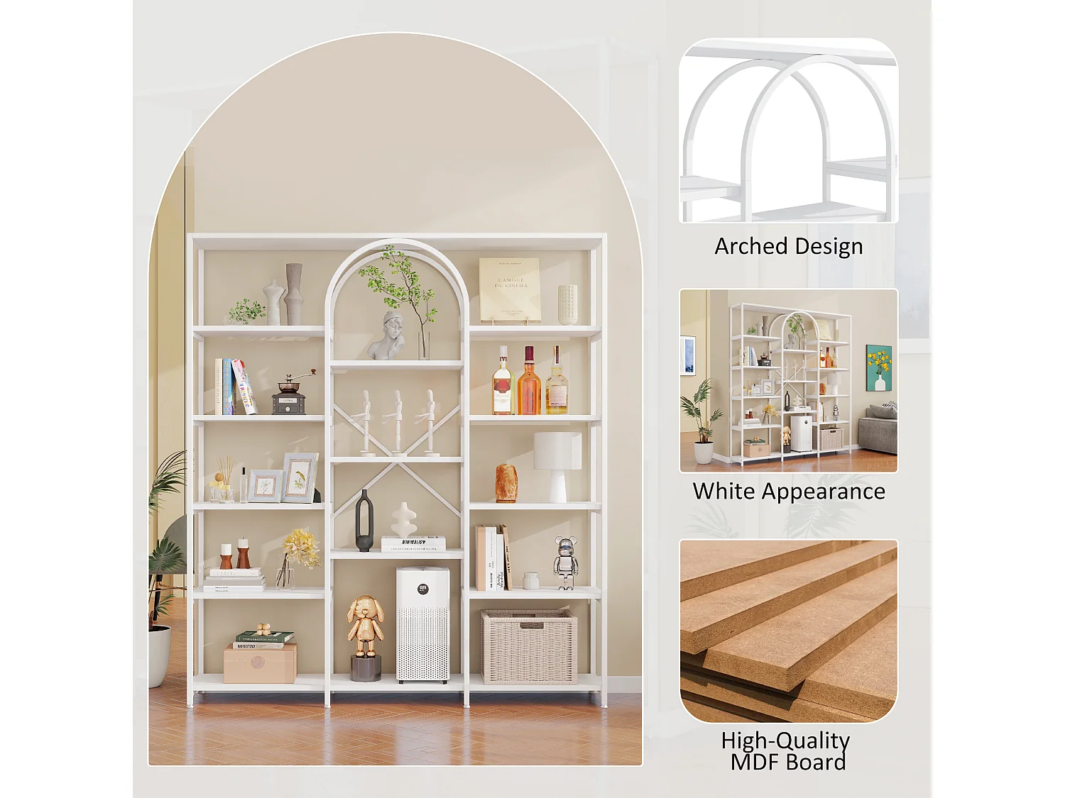 Prateleira de armazenamento moderna em estilo minimalista - 160 x 30 x 180 cm - MDF + metal - branca