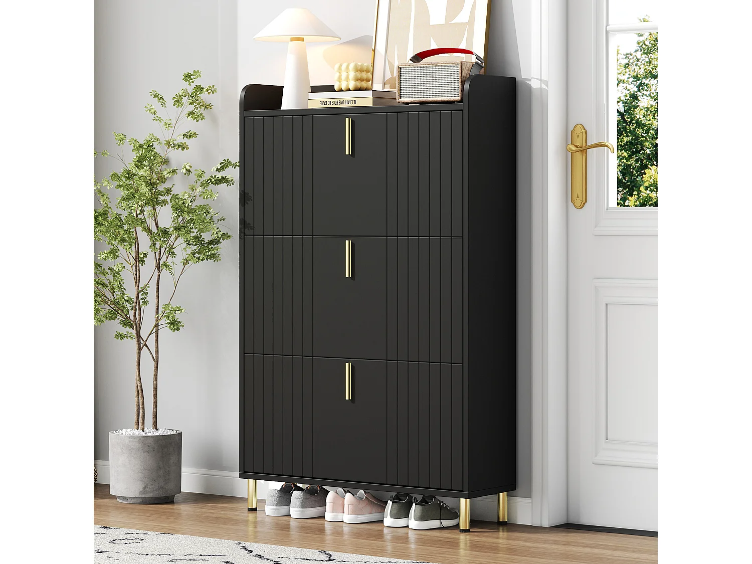 Meuble à chaussures à 3 portes - 80 x 23.5 x 123.5 cm - avec 6 compartiments + dispositif anti-basculement - MDF - noir