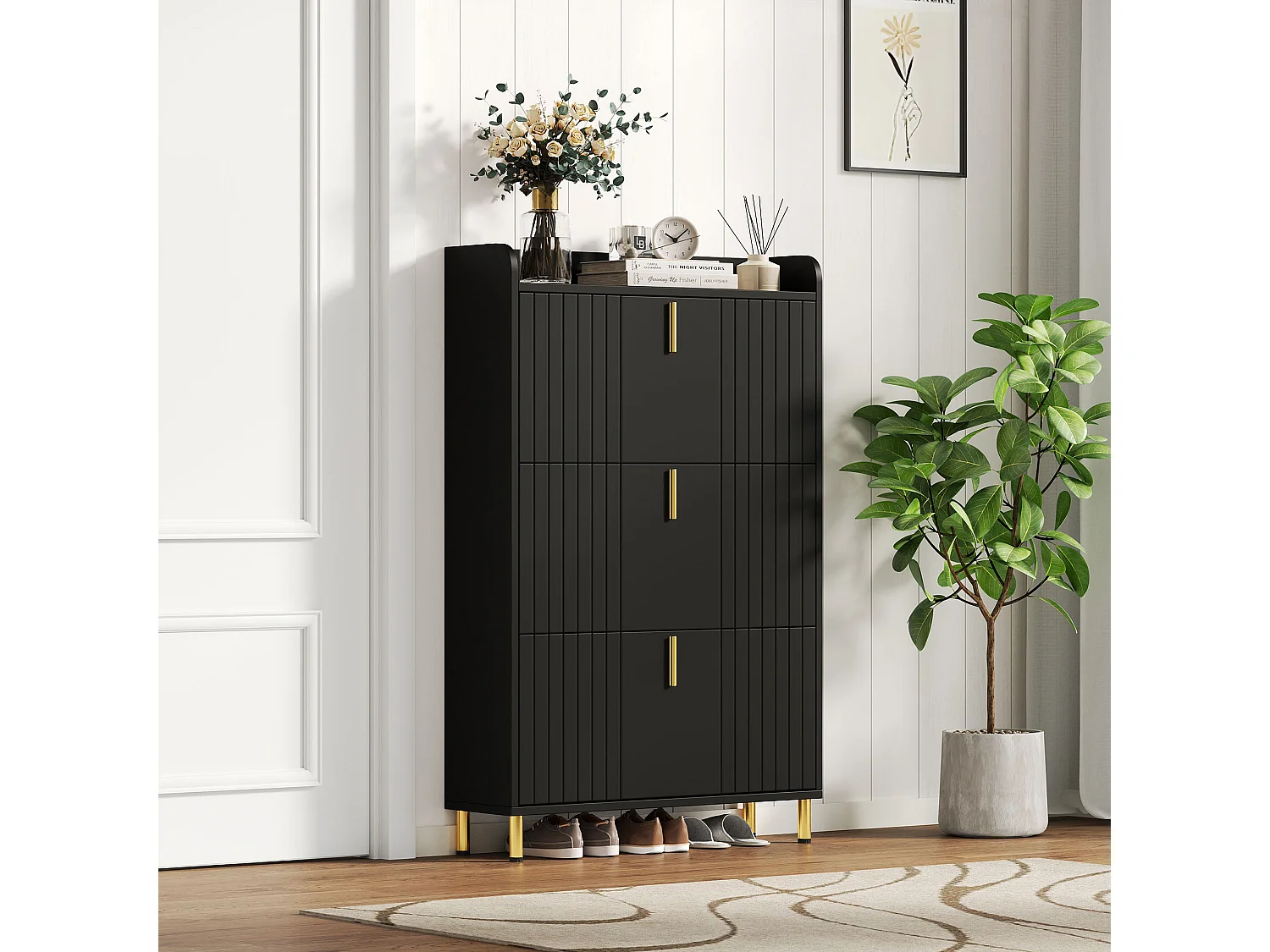 Meuble à chaussures à 3 portes - 80 x 23.5 x 123.5 cm - avec 6 compartiments + dispositif anti-basculement - MDF - noir