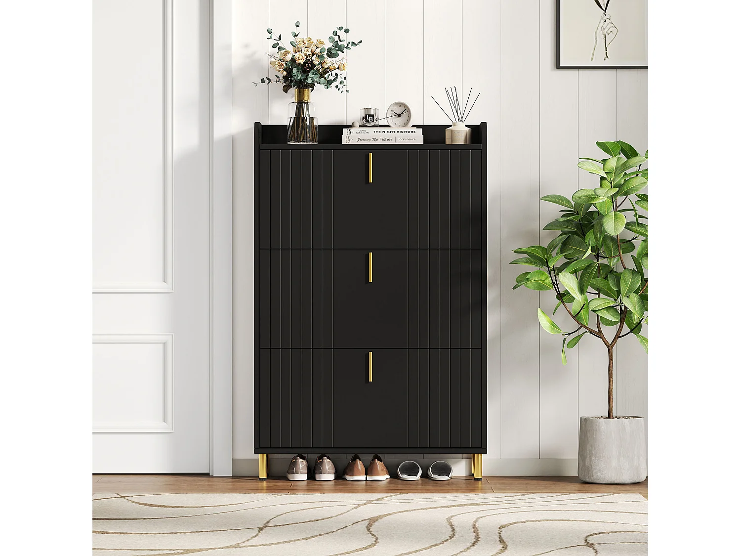 Meuble à chaussures à 3 portes - 80 x 23.5 x 123.5 cm - avec 6 compartiments + dispositif anti-basculement - MDF - noir