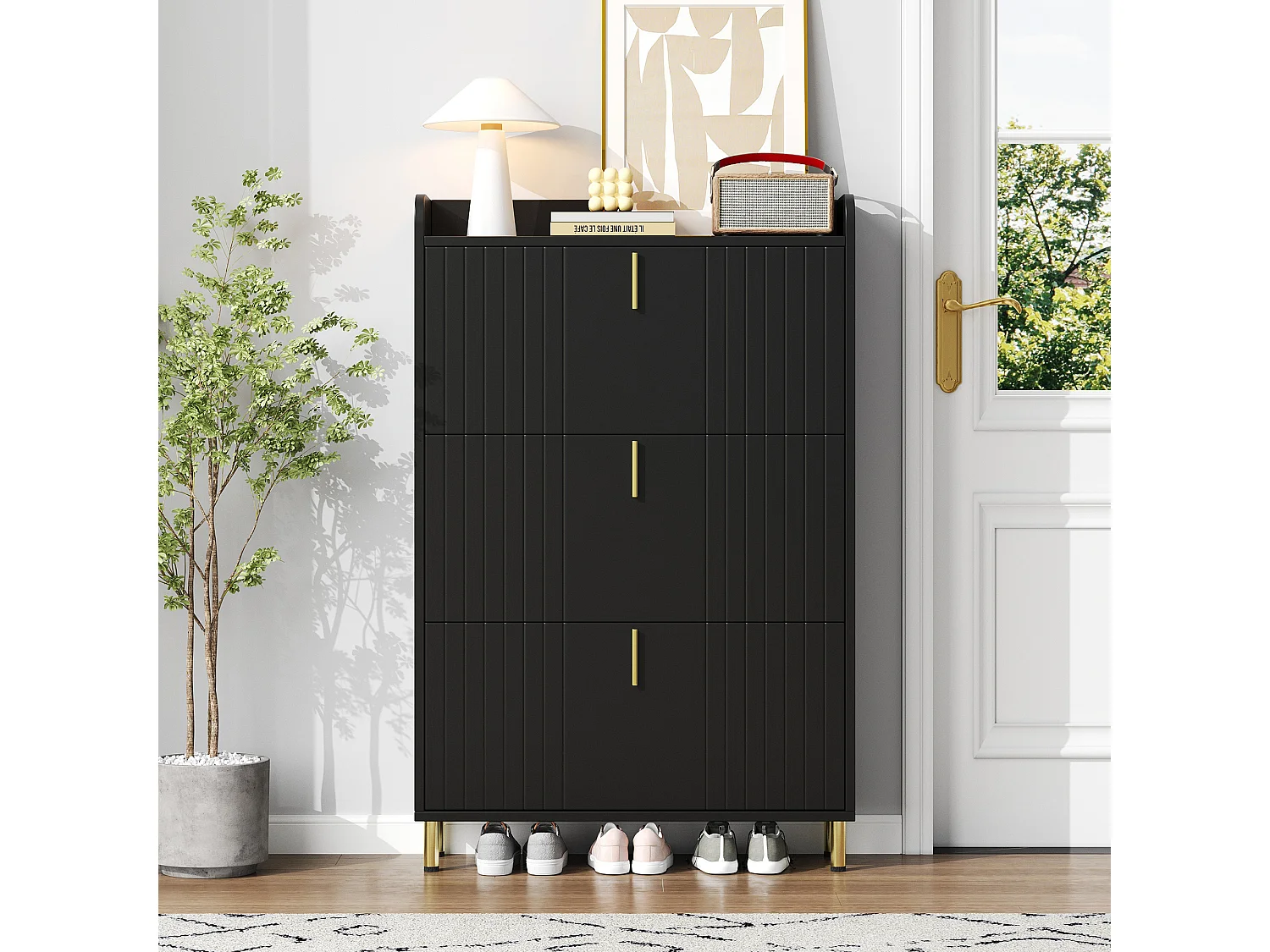 Meuble à chaussures à 3 portes - 80 x 23.5 x 123.5 cm - avec 6 compartiments + dispositif anti-basculement - MDF - noir