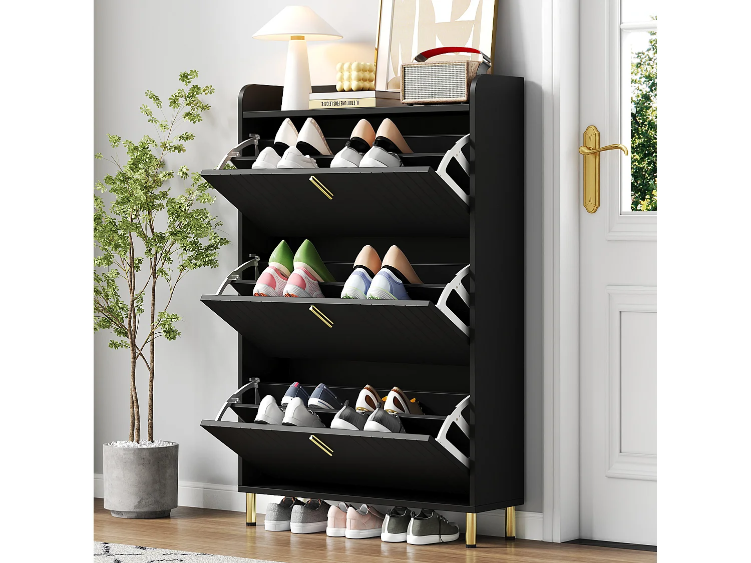 Meuble à chaussures à 3 portes - 80 x 23.5 x 123.5 cm - avec 6 compartiments + dispositif anti-basculement - MDF - noir