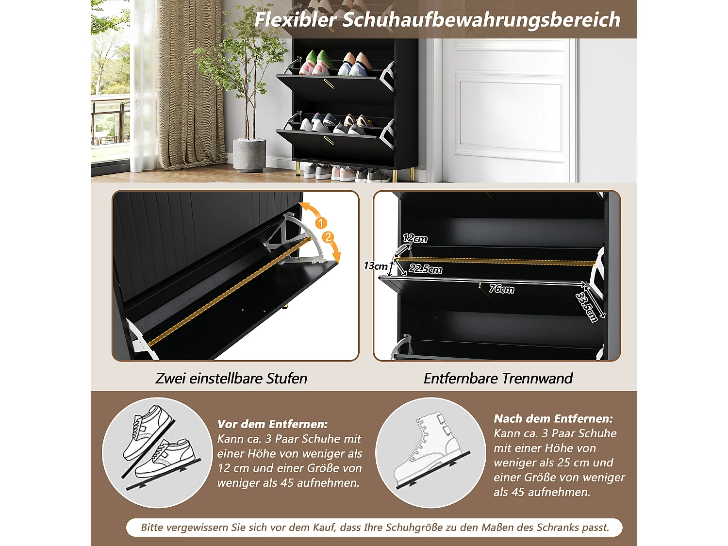 Meuble à chaussures à 3 portes - 80 x 23.5 x 123.5 cm - avec 6 compartiments + dispositif anti-basculement - MDF - noir