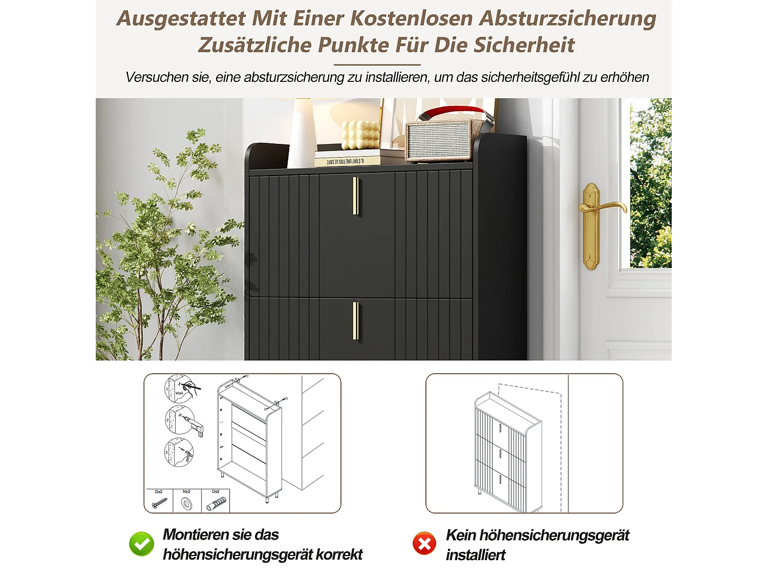 Meuble à chaussures à 3 portes - 80 x 23.5 x 123.5 cm - avec 6 compartiments + dispositif anti-basculement - MDF - noir