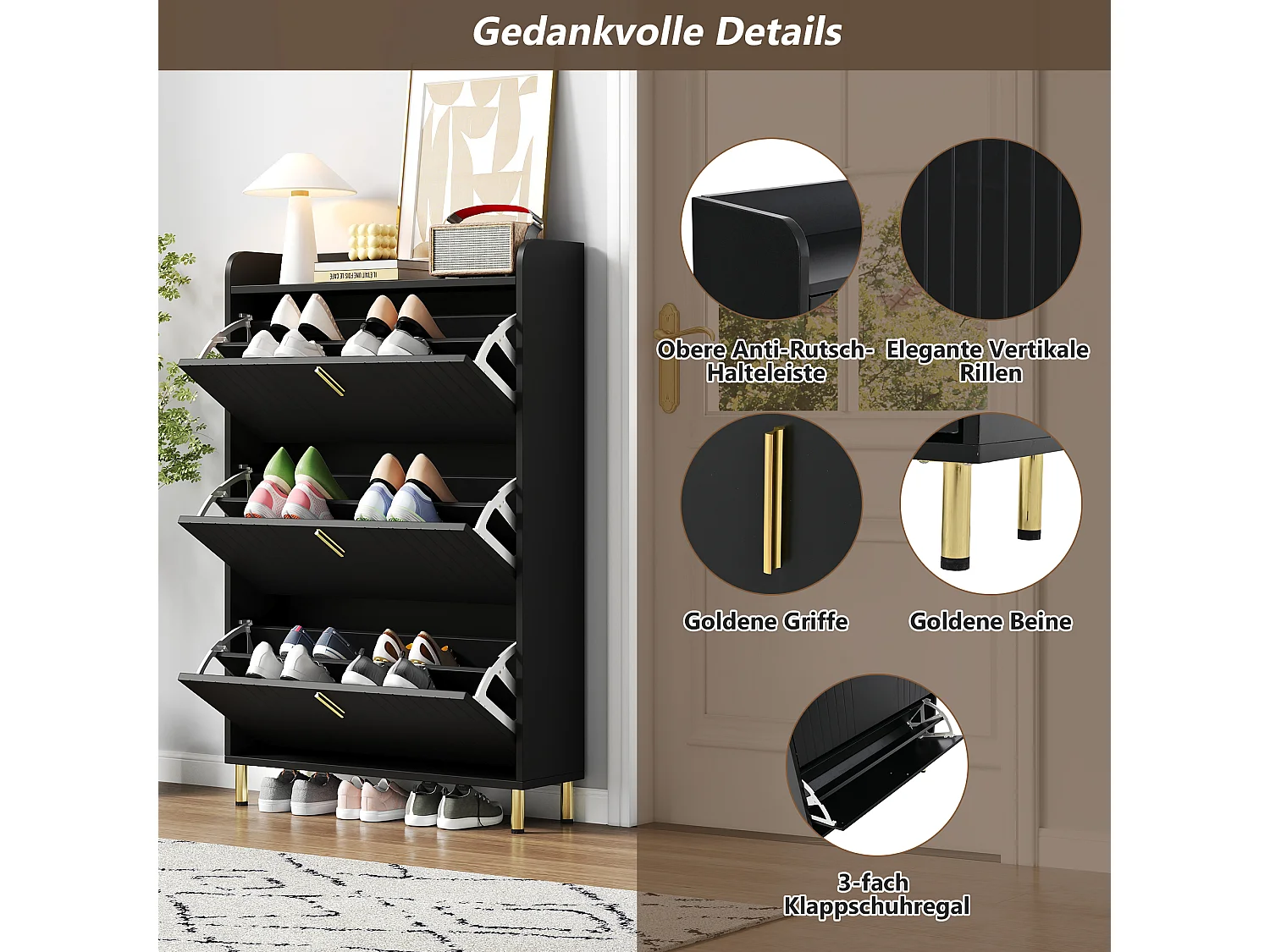 Meuble à chaussures à 3 portes - 80 x 23.5 x 123.5 cm - avec 6 compartiments + dispositif anti-basculement - MDF - noir