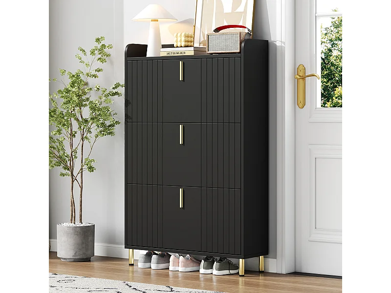 Meuble à chaussures à 3 portes - 80 x 23.5 x 123.5 cm - avec 6 compartiments + dispositif anti-basculement - MDF - noir
