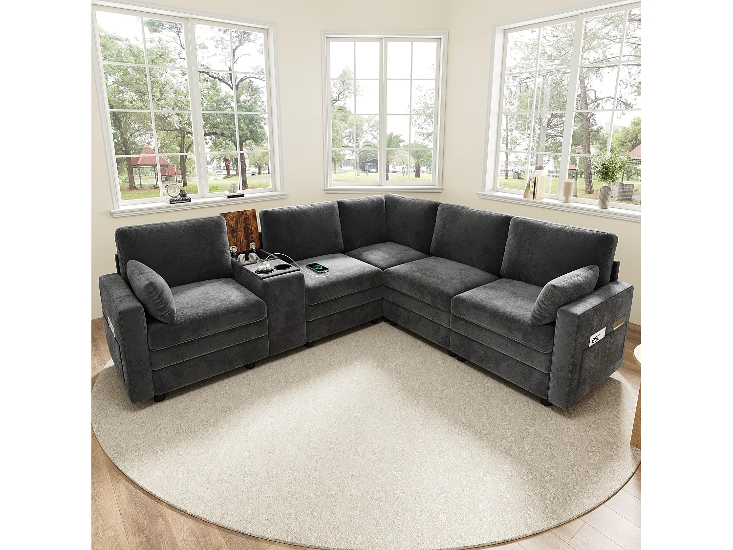 Canapé d'angle modulable 5 places - 227 x 202 x 83 cm - avec USB + rangement - pour salon et chambre - Chenille - gris