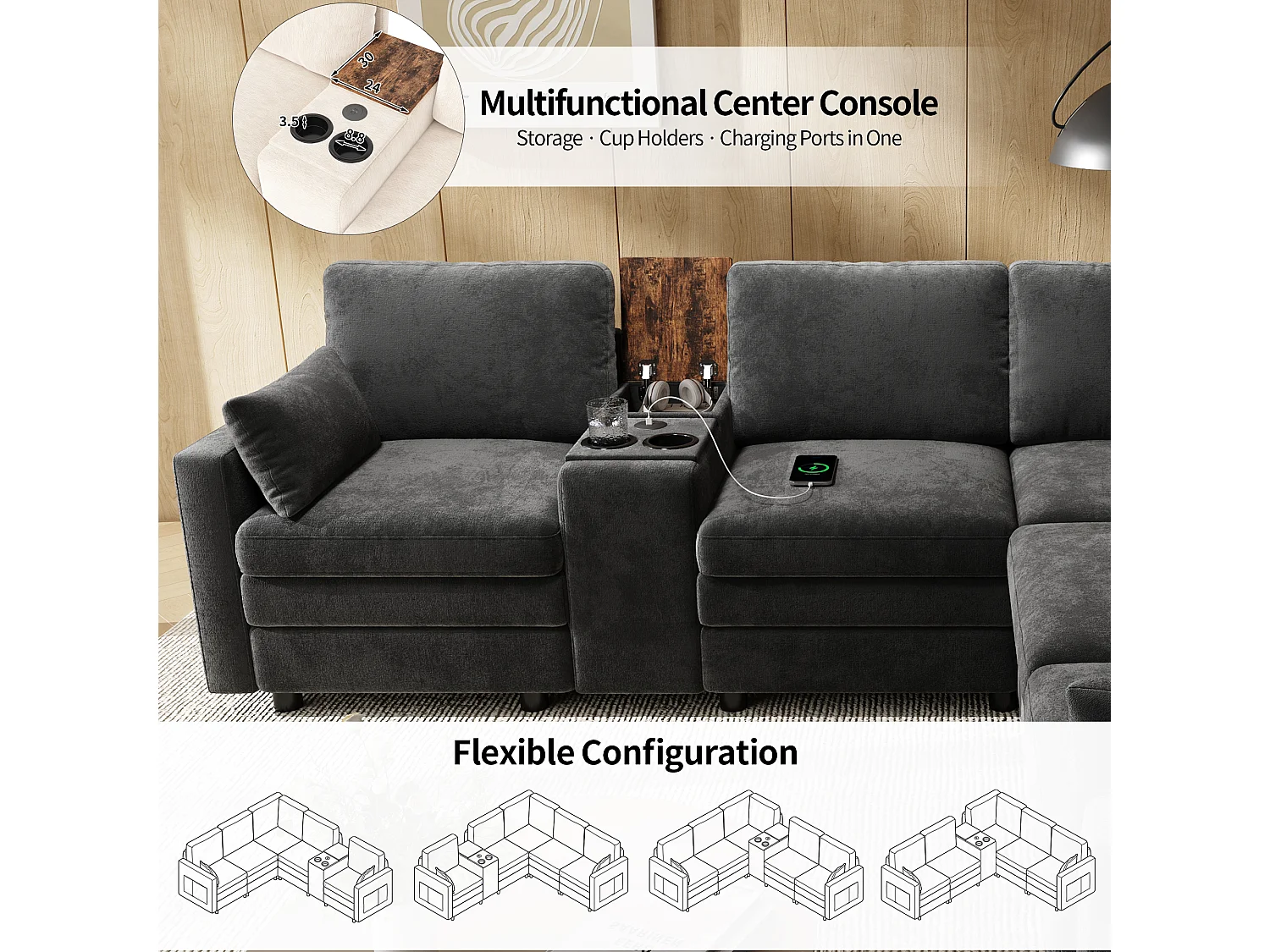 Canapé d'angle modulable 5 places - 227 x 202 x 83 cm - avec USB + rangement - pour salon et chambre - Chenille - gris