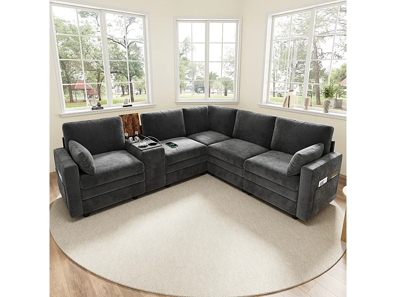 Canapé d'angle modulable 5 places - 227 x 202 x 83 cm - avec USB + rangement - pour salon et chambre - Chenille - gris