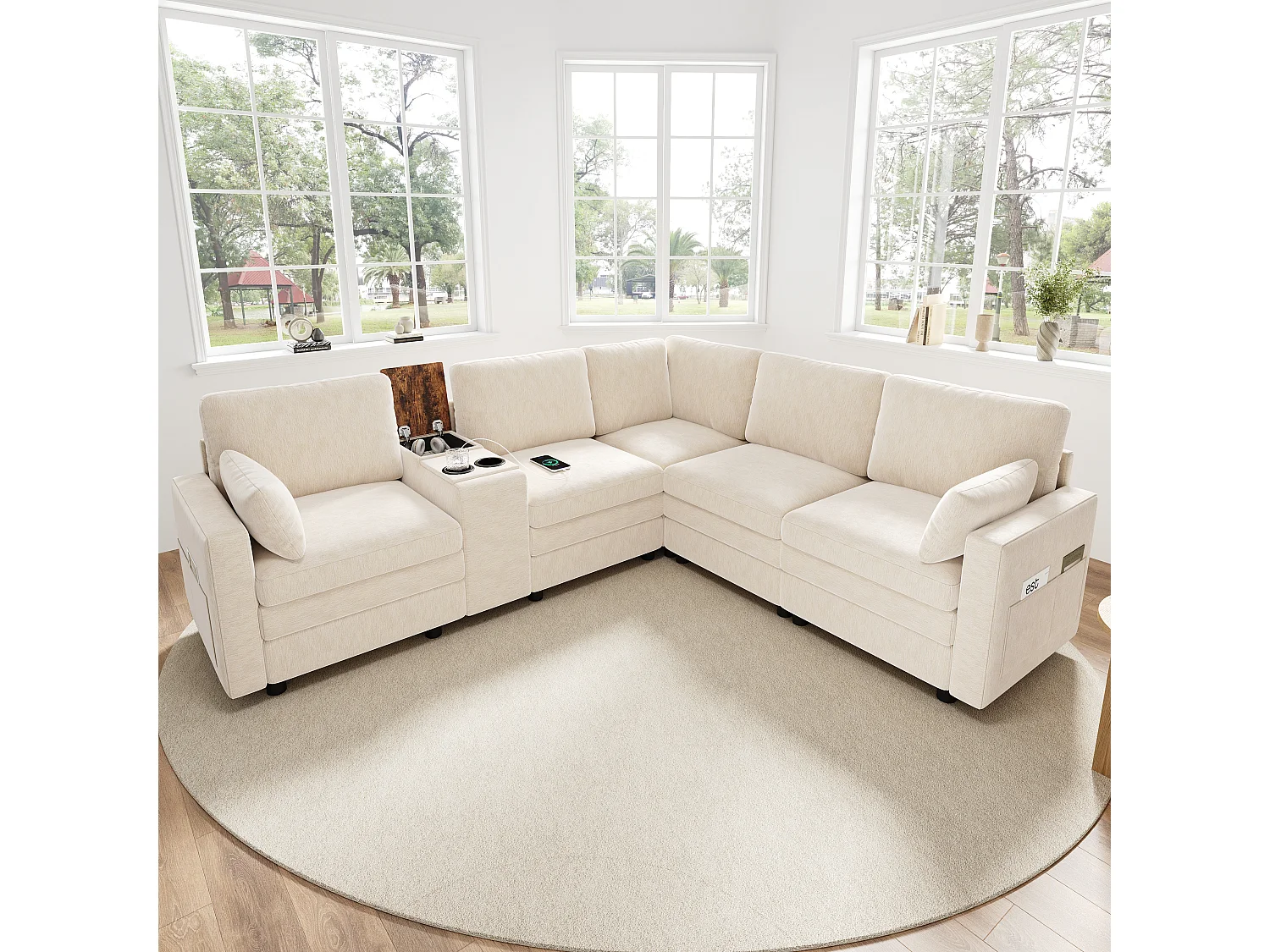 Canapé d'angle modulable 5 places - 227 x 202 x 83 cm - avec USB + rangement - pour salon et chambre - Chenille - beige