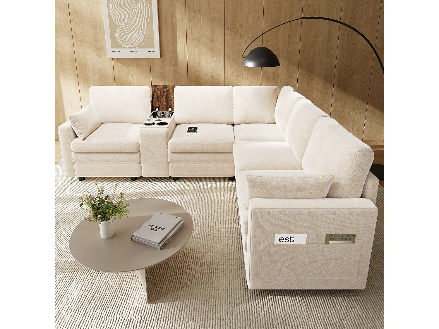 Canapé d'angle modulable 5 places - 227 x 202 x 83 cm - avec USB + rangement - pour salon et chambre - Chenille - beige