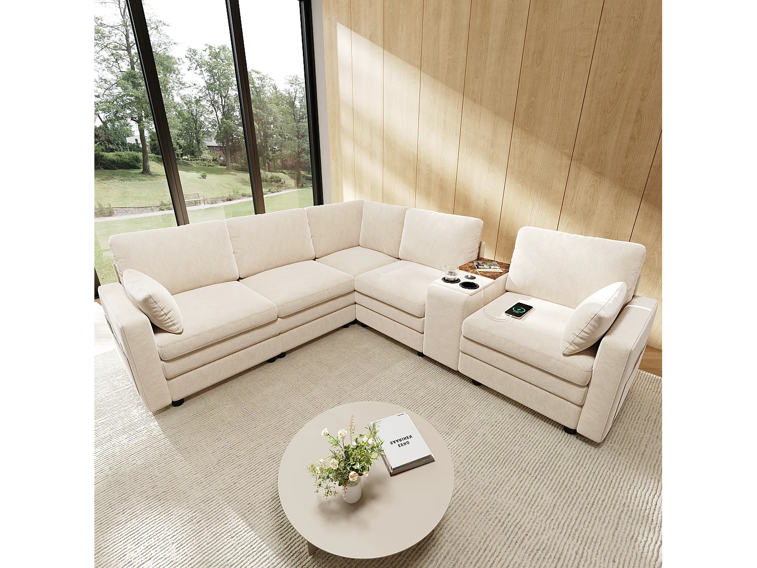 Canapé d'angle modulable 5 places - 227 x 202 x 83 cm - avec USB + rangement - pour salon et chambre - Chenille - beige