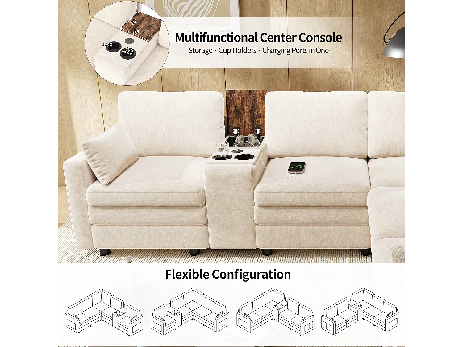 Canapé d'angle modulable 5 places - 227 x 202 x 83 cm - avec USB + rangement - pour salon et chambre - Chenille - beige