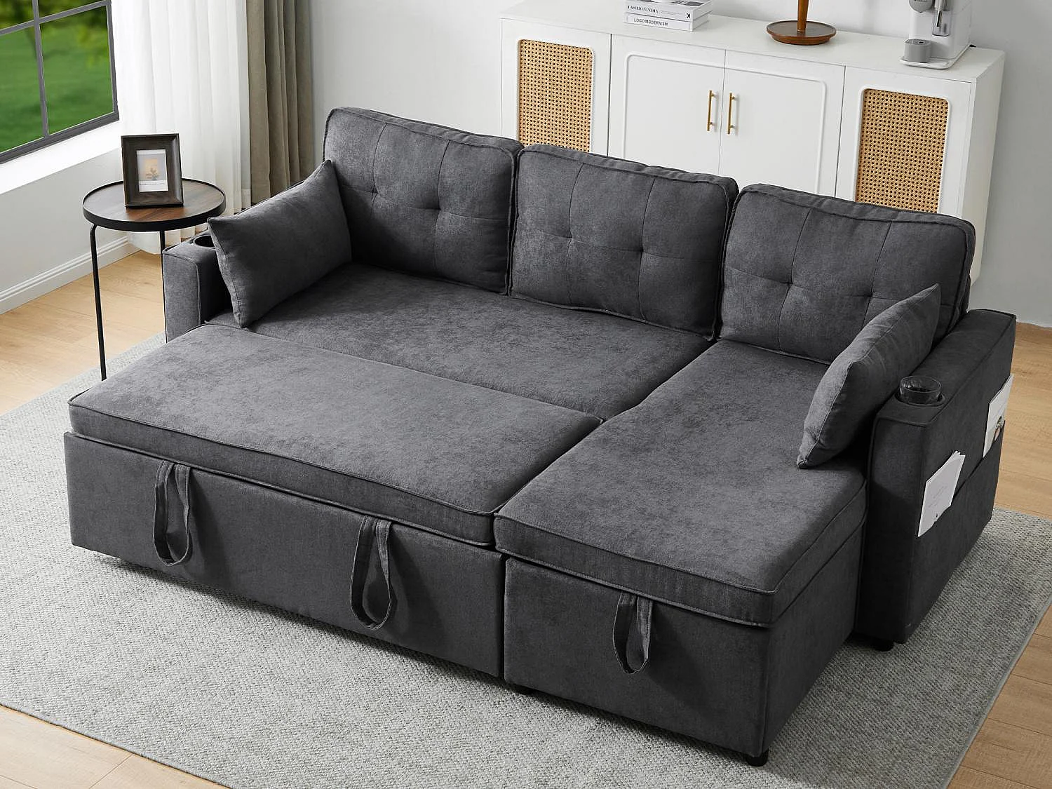 Fusio Lente-Zomer - Hoekbank 3 Zits, Omslaapbaar, Modulair, Linnen Stof met Armleuningen Drankhouders - Ideaal voor Woonkamer en Verblijf