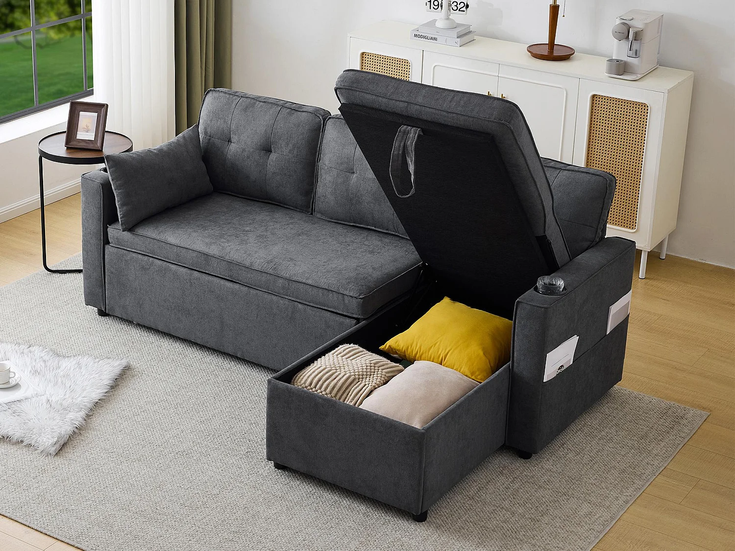 Fusio Lente-Zomer - Hoekbank 3 Zits, Omslaapbaar, Modulair, Linnen Stof met Armleuningen Drankhouders - Ideaal voor Woonkamer en Verblijf