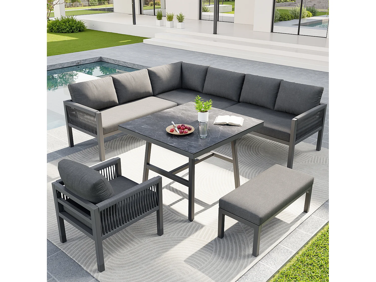 Ensemble salon de jardin 8 places - Structure en fer  - avec coussins + 1 table + 1 fauteuils + banc - métal - gris