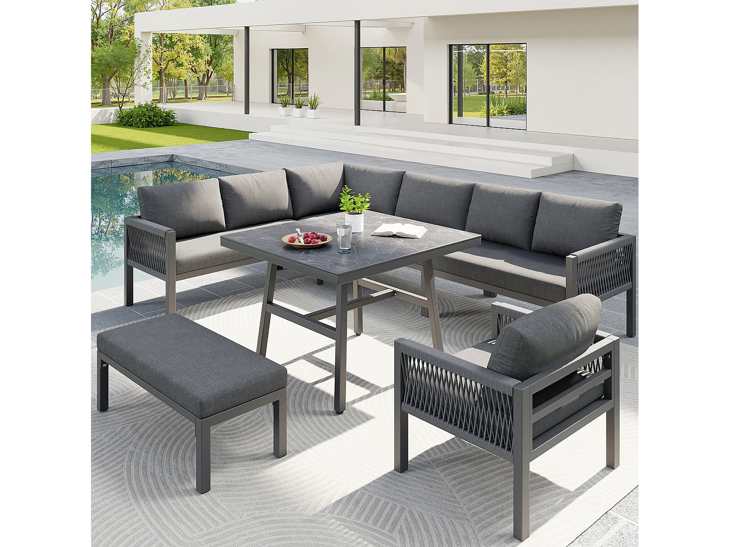 Ensemble salon de jardin 8 places - Structure en fer  - avec coussins + 1 table + 1 fauteuils + banc - métal - gris