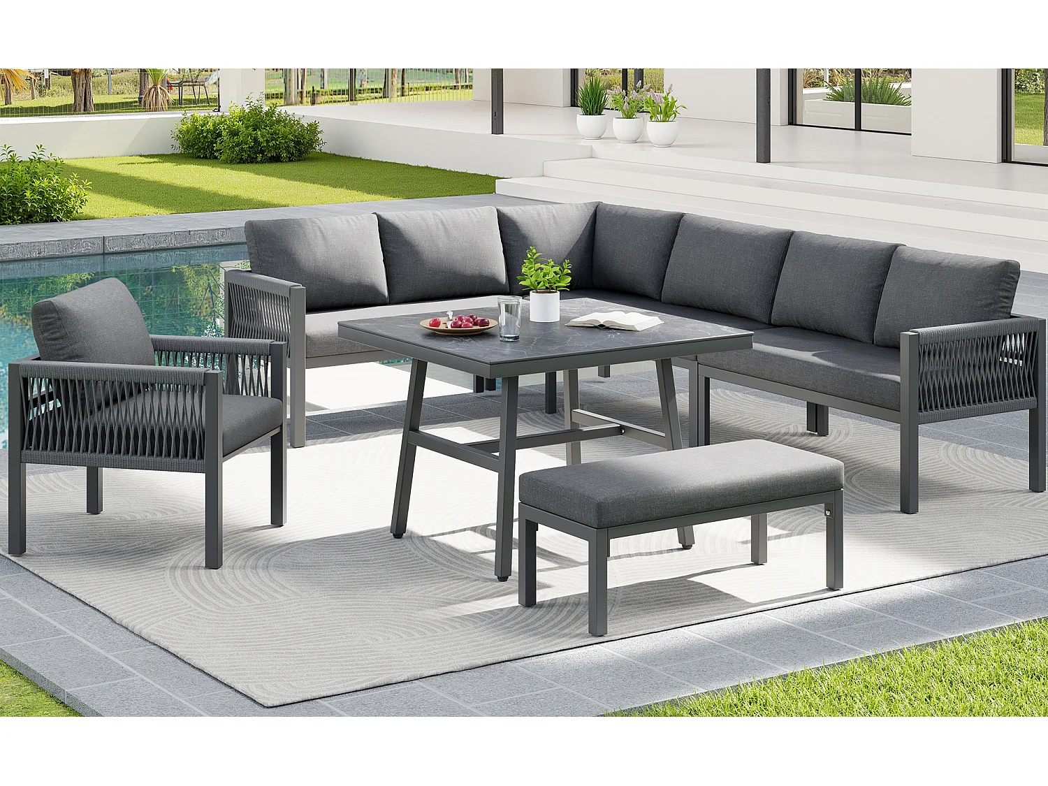 Ensemble salon de jardin 8 places - Structure en fer  - avec coussins + 1 table + 1 fauteuils + banc - métal - gris