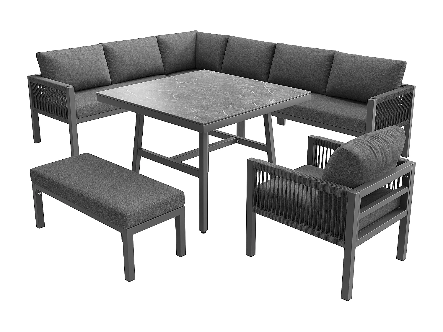 Ensemble salon de jardin 8 places - Structure en fer  - avec coussins + 1 table + 1 fauteuils + banc - métal - gris