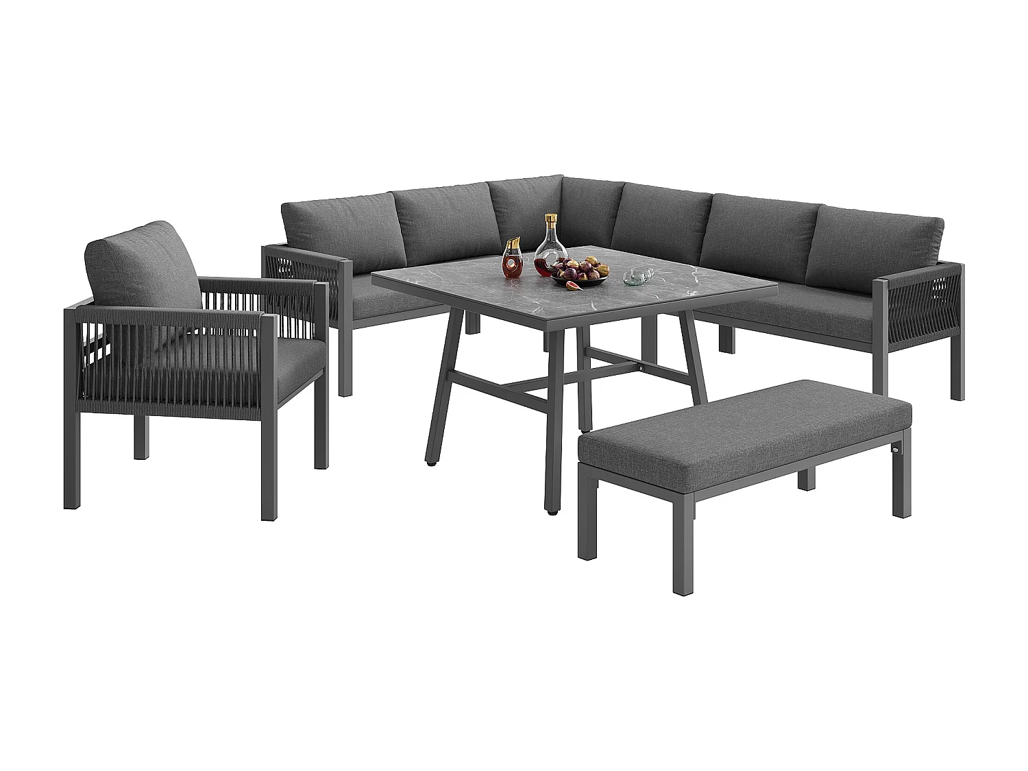 Ensemble salon de jardin 8 places - Structure en fer  - avec coussins + 1 table + 1 fauteuils + banc - métal - gris