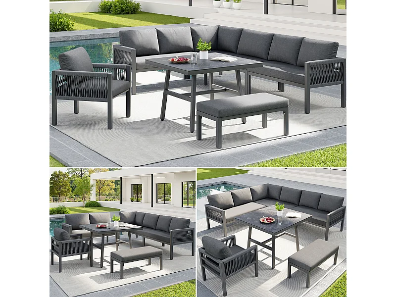 Ensemble salon de jardin 8 places - Structure en fer  - avec coussins + 1 table + 1 fauteuils + banc - métal - gris