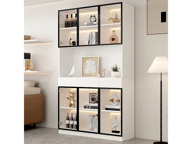 Moderner, hoher Glasschrank – 120 x 36 x 200 cm – mit LED-Beleuchtung und 6 Türen – für Sammlerstücke/Schlafzimmer – Spanplatte – weiß
