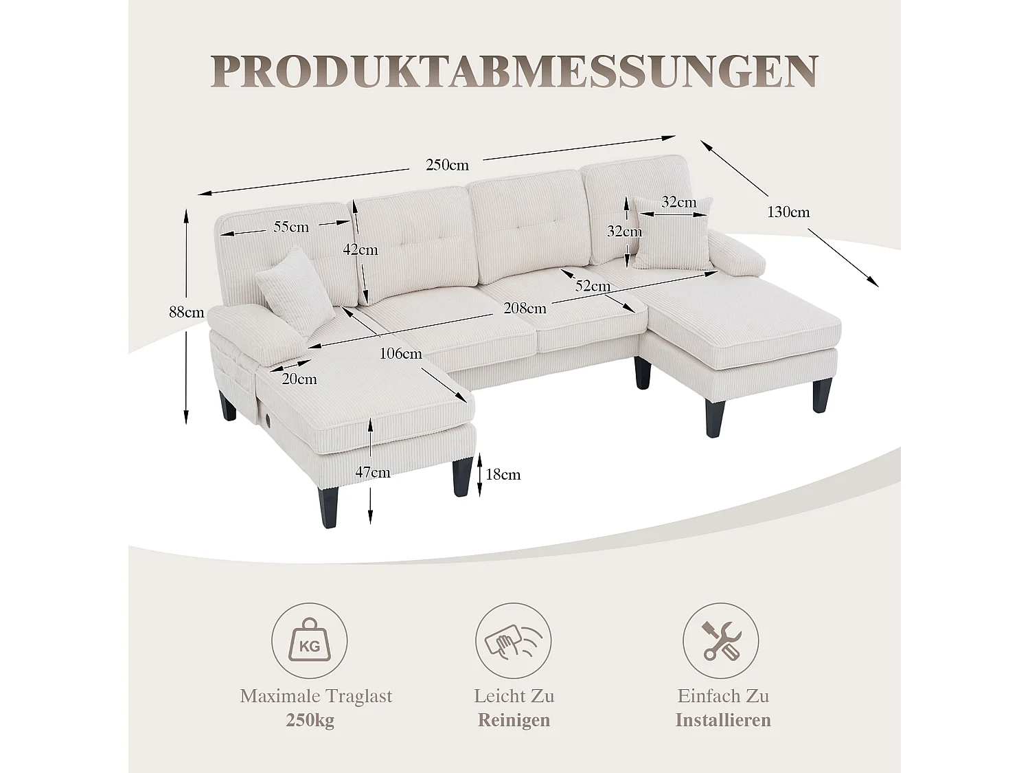 Nowoczesny narożnik 4-osobowy w kształcie litery U z 2 szezlongami - 250 x 130 x 88 cm - z wypełnieniem i oparciem - welur - beżowy