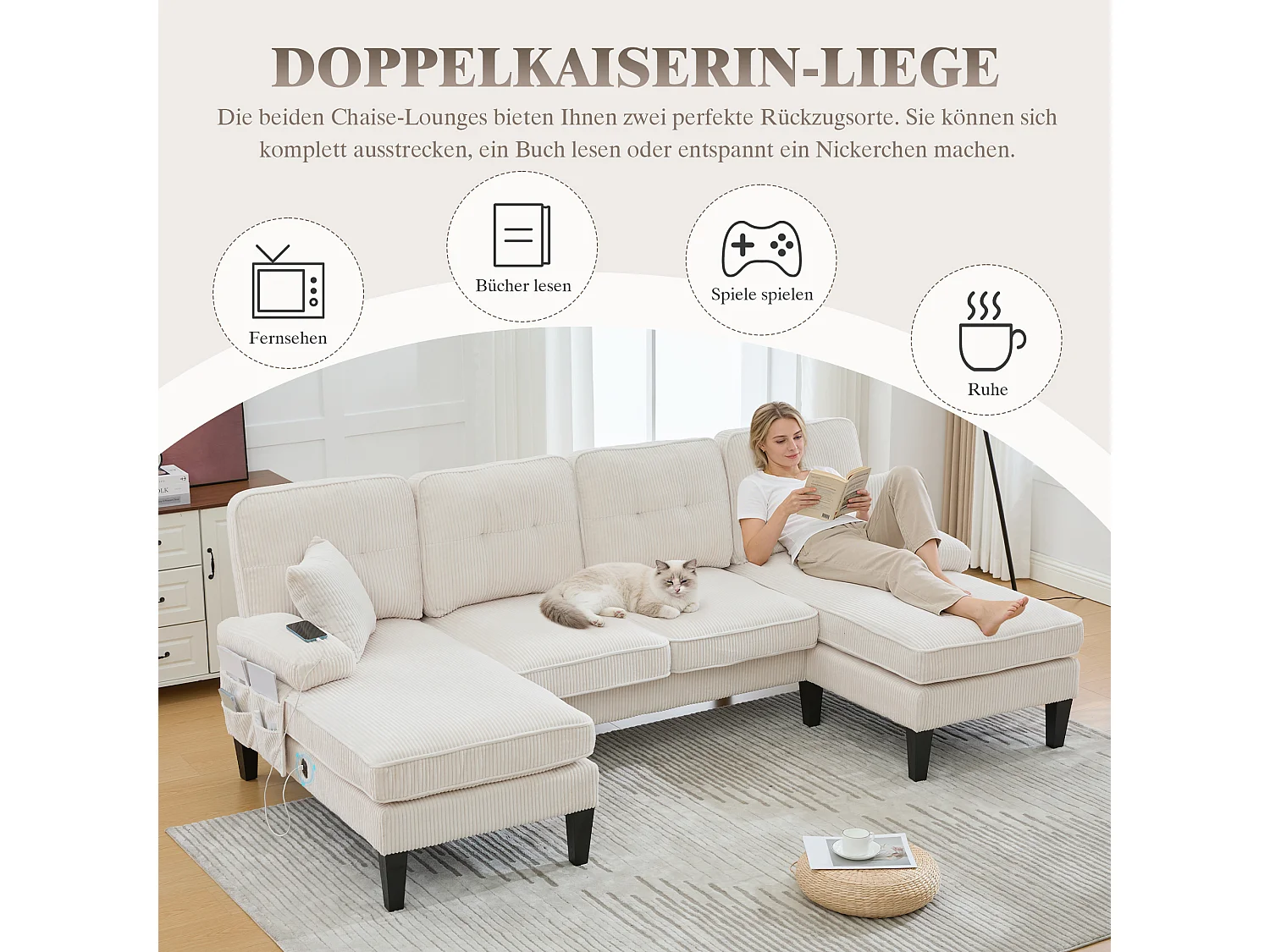 Nowoczesny narożnik 4-osobowy w kształcie litery U z 2 szezlongami - 250 x 130 x 88 cm - z wypełnieniem i oparciem - welur - beżowy