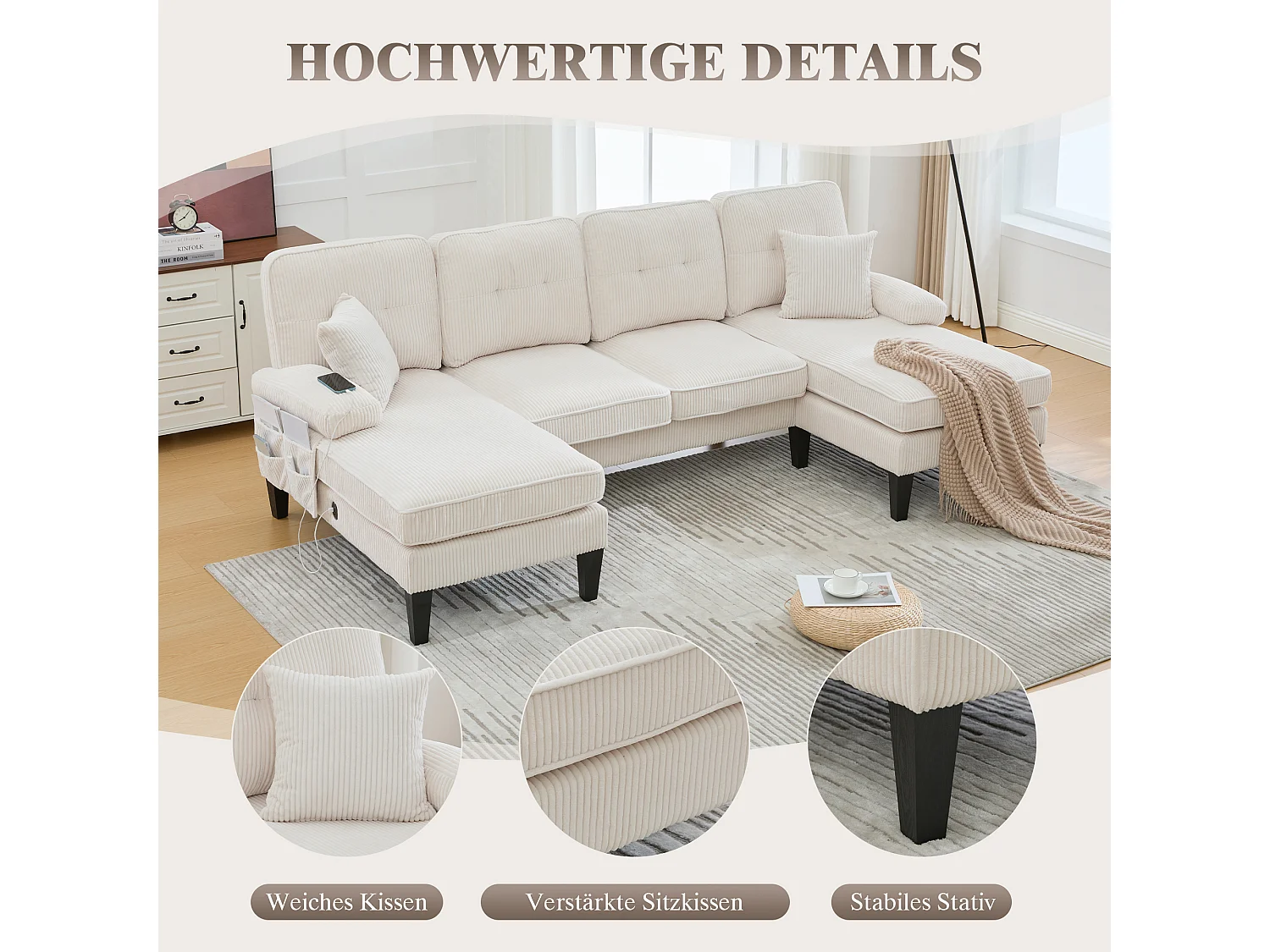 Nowoczesny narożnik 4-osobowy w kształcie litery U z 2 szezlongami - 250 x 130 x 88 cm - z wypełnieniem i oparciem - welur - beżowy