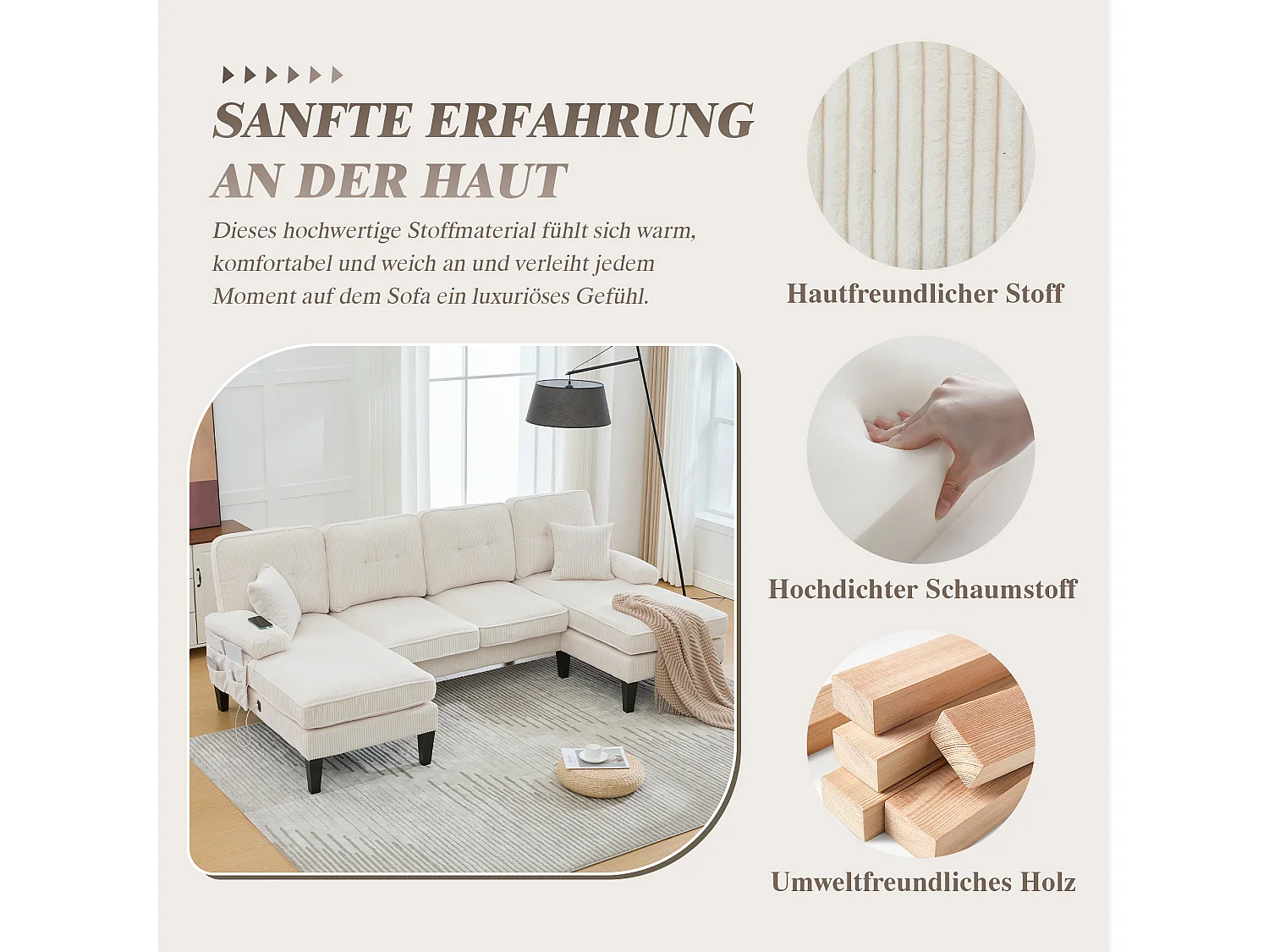 Nowoczesny narożnik 4-osobowy w kształcie litery U z 2 szezlongami - 250 x 130 x 88 cm - z wypełnieniem i oparciem - welur - beżowy