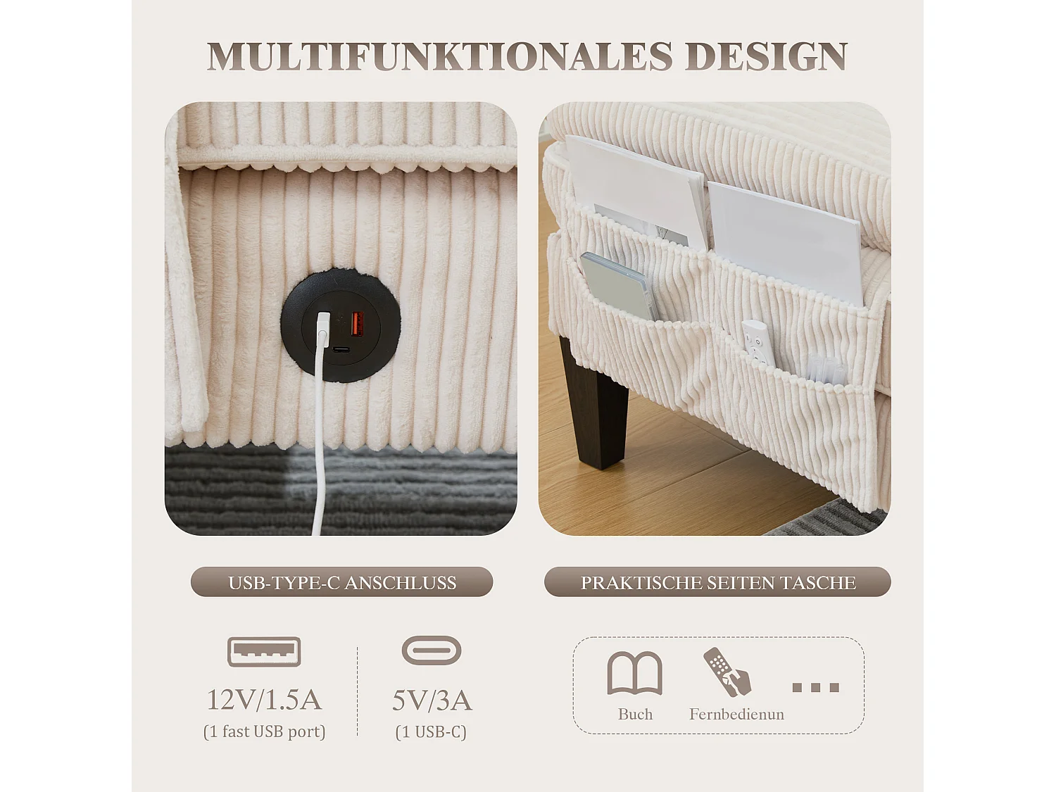 Nowoczesny narożnik 4-osobowy w kształcie litery U z 2 szezlongami - 250 x 130 x 88 cm - z wypełnieniem i oparciem - welur - beżowy