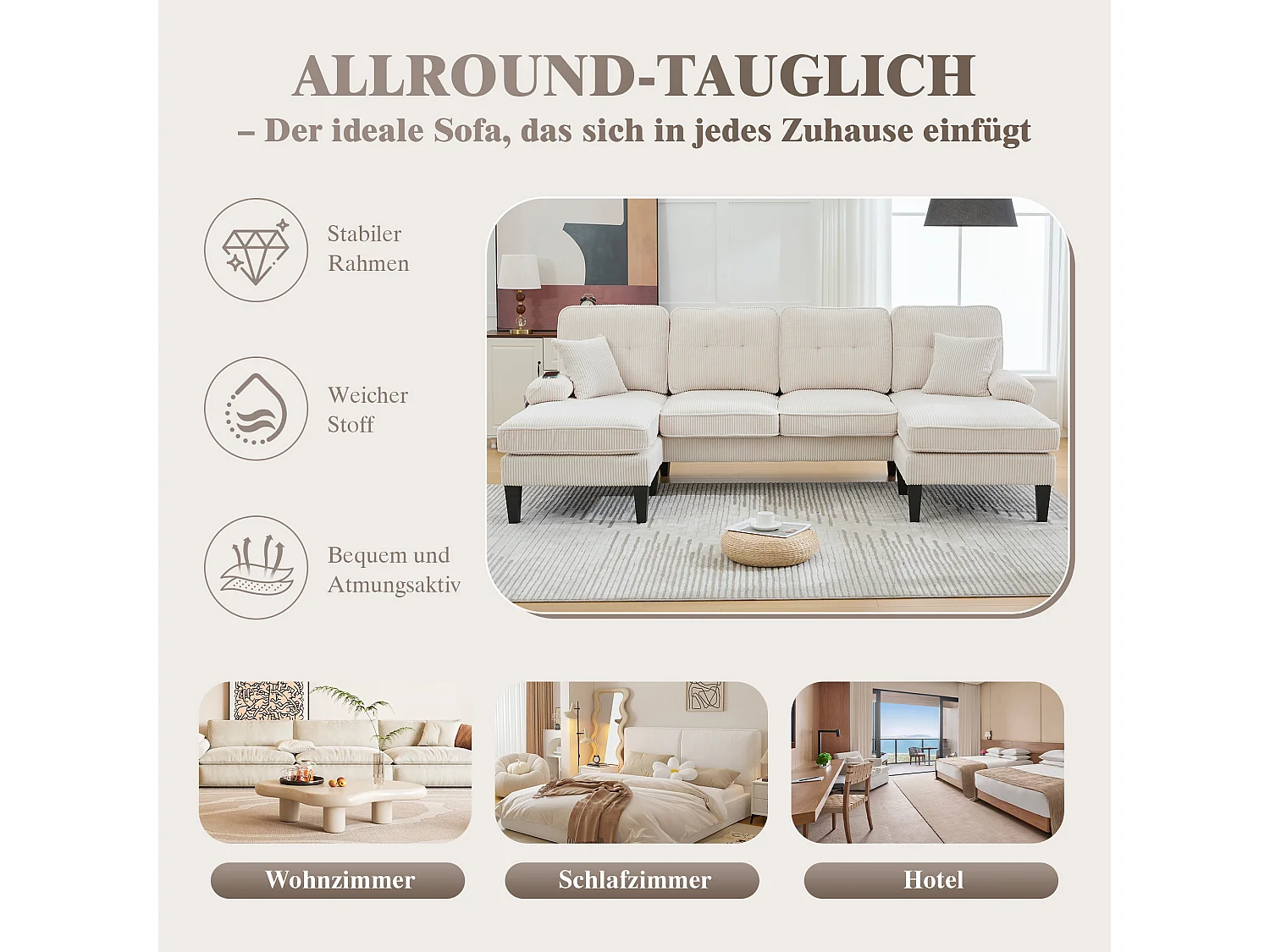 Nowoczesny narożnik 4-osobowy w kształcie litery U z 2 szezlongami - 250 x 130 x 88 cm - z wypełnieniem i oparciem - welur - beżowy