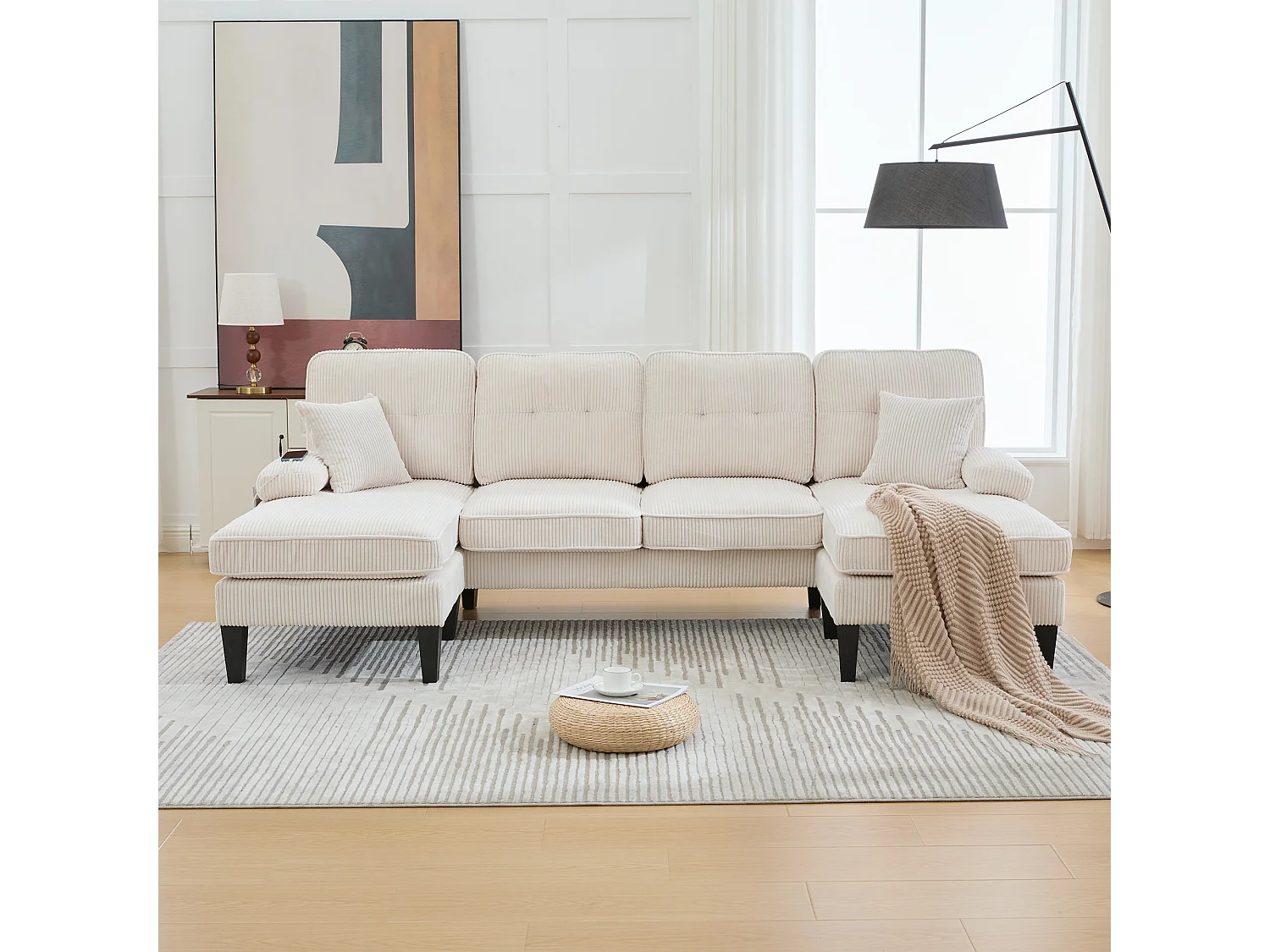 Nowoczesny narożnik 4-osobowy w kształcie litery U z 2 szezlongami - 250 x 130 x 88 cm - z wypełnieniem i oparciem - welur - beżowy