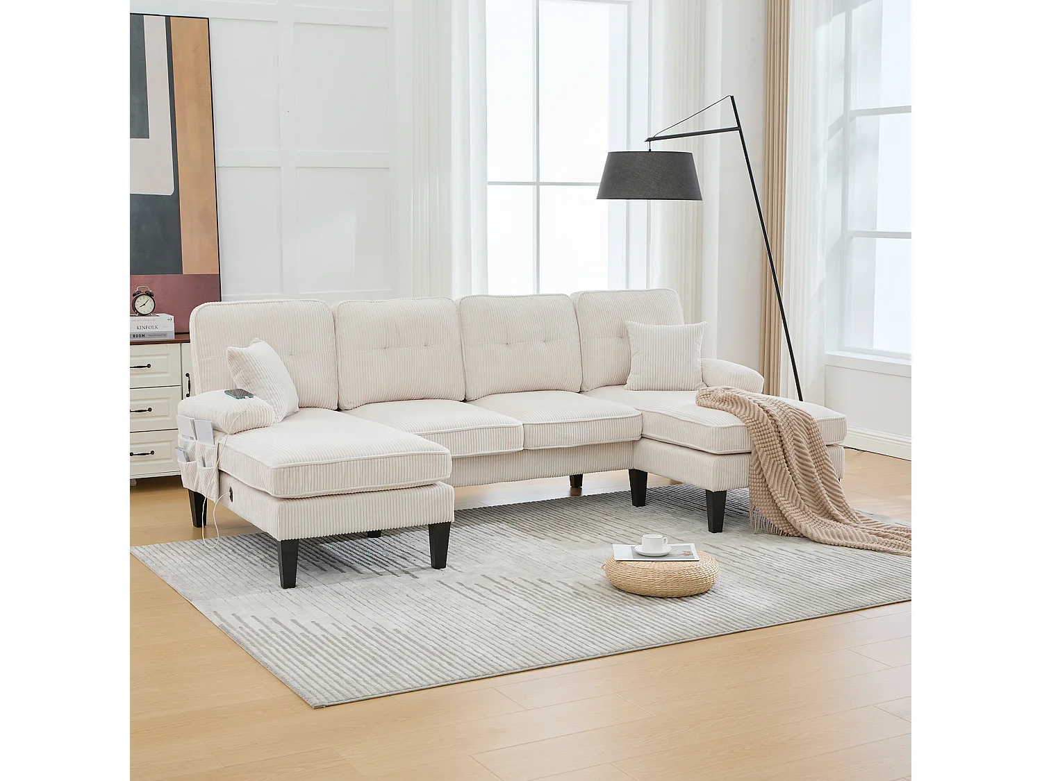 Nowoczesny narożnik 4-osobowy w kształcie litery U z 2 szezlongami - 250 x 130 x 88 cm - z wypełnieniem i oparciem - welur - beżowy