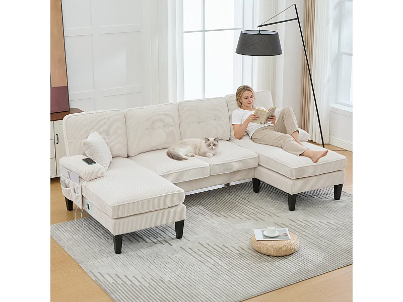 Nowoczesny narożnik 4-osobowy w kształcie litery U z 2 szezlongami - 250 x 130 x 88 cm - z wypełnieniem i oparciem - welur - beżowy