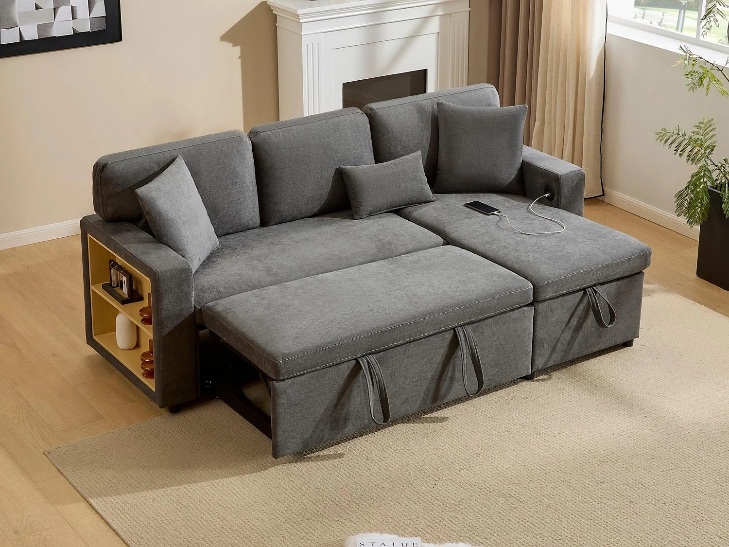 Clavio - Canapé Convertible 3 Places d’Angle – Rangement, USB, Tissu Oxford – Idéal pour Studio/Appartement