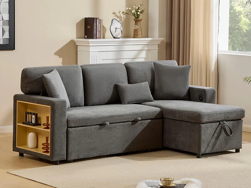 Clavio - Canapé Convertible 3 Places d’Angle – Rangement, USB, Tissu Oxford – Idéal pour Studio/Appartement