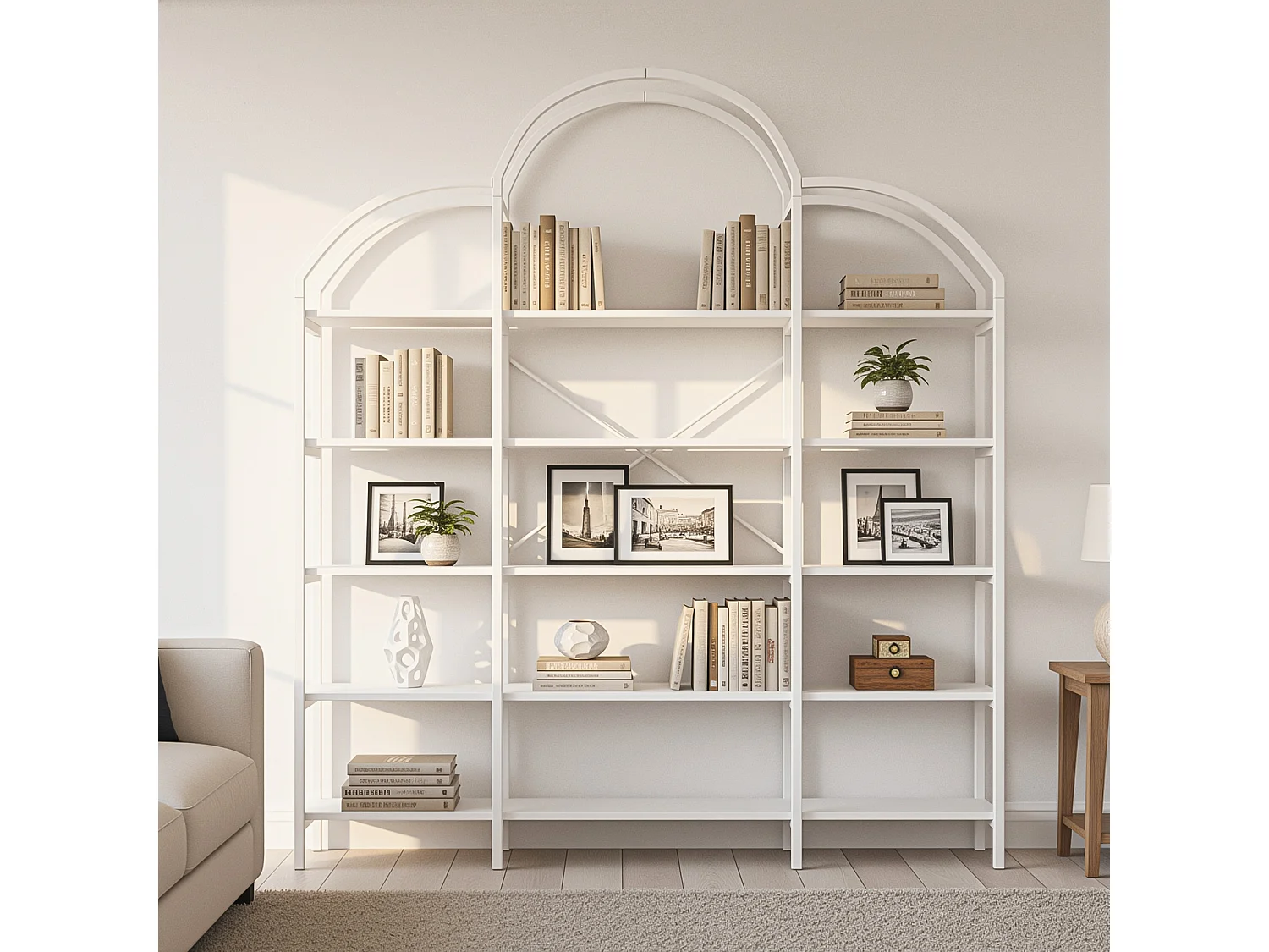 Étagère de rangement au style épuré - 170 x 26 x 190 cm - avec 5 étagères de rangement - forme nuage - MDF + métal - blanc