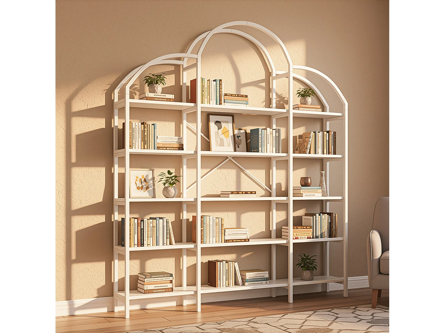 Étagère de rangement au style épuré - 170 x 26 x 190 cm - avec 5 étagères de rangement - forme nuage - MDF + métal - blanc