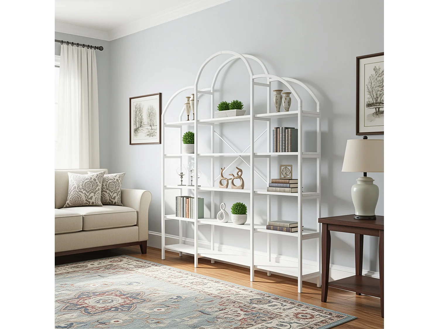 Étagère de rangement au style épuré - 170 x 26 x 190 cm - avec 5 étagères de rangement - forme nuage - MDF + métal - blanc