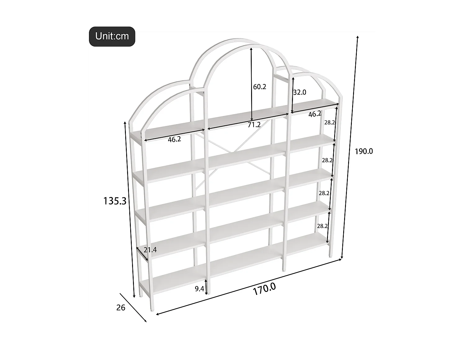Étagère de rangement au style épuré - 170 x 26 x 190 cm - avec 5 étagères de rangement - forme nuage - MDF + métal - blanc