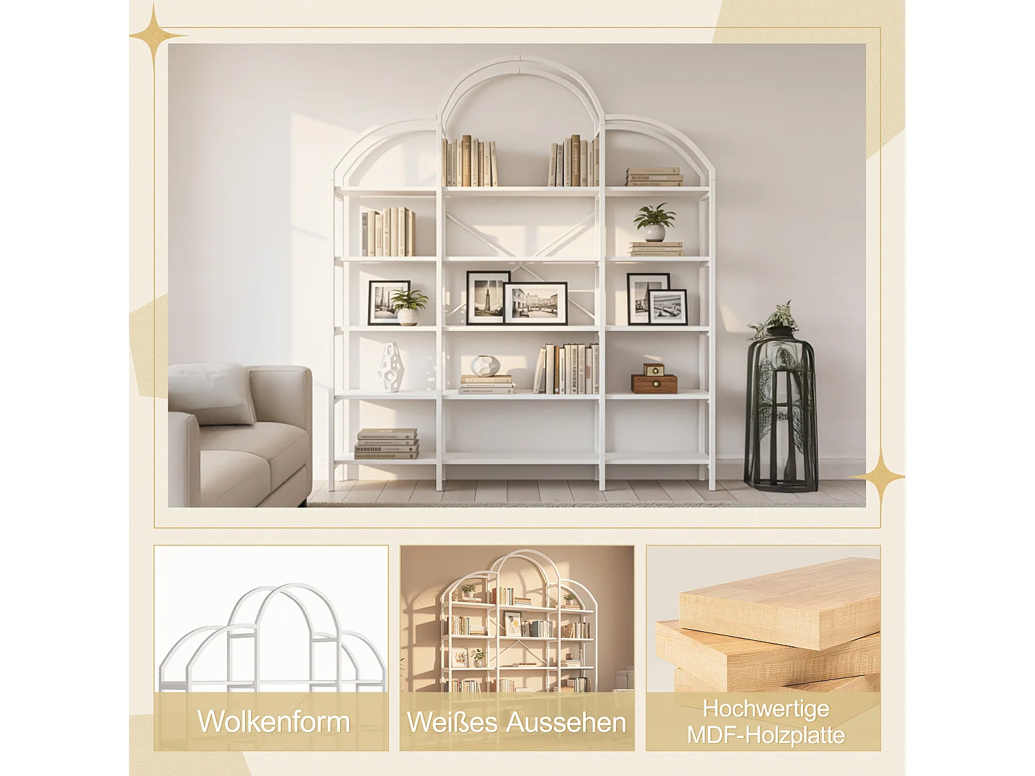 Étagère de rangement au style épuré - 170 x 26 x 190 cm - avec 5 étagères de rangement - forme nuage - MDF + métal - blanc