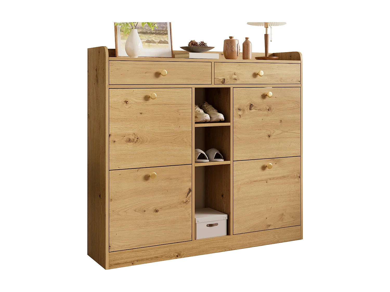 Meuble à chaussures vintage - 110 x 26 x 100 cm - avec 4 portes + 2 tiroirs + 3 compartiments ouverts - aggloméré - naturel