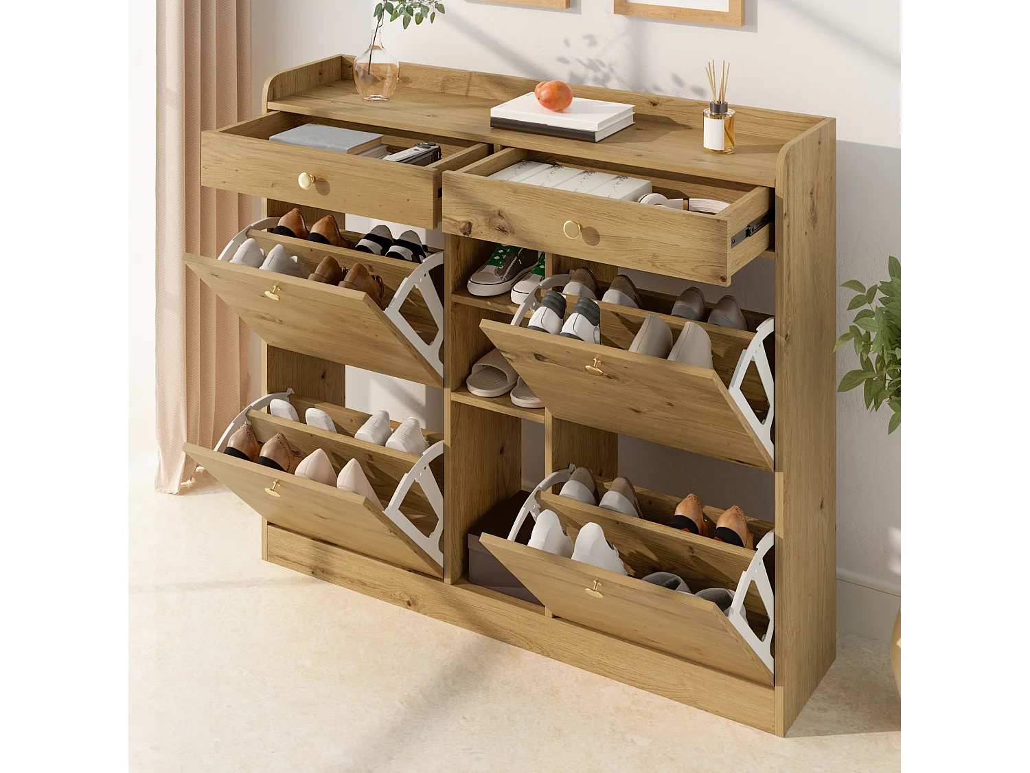 Meuble à chaussures vintage - 110 x 26 x 100 cm - avec 4 portes + 2 tiroirs + 3 compartiments ouverts - aggloméré - naturel